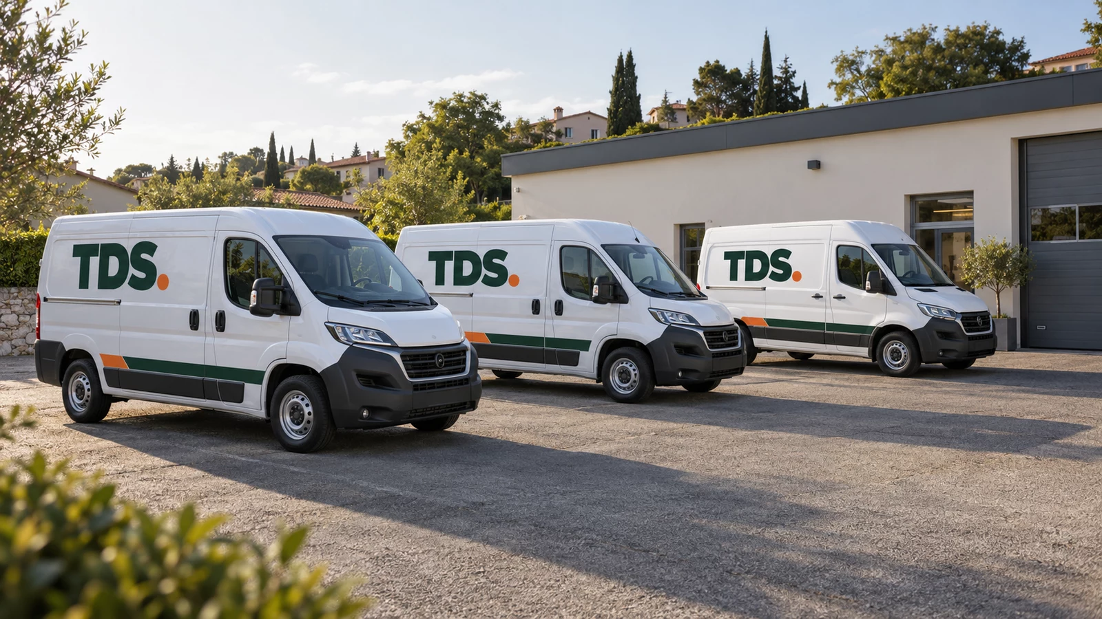 Konceptni prikaz triju bijelih dostavnih kombija s oznakom TDS.